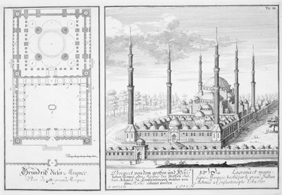 Plan und Ansicht der Blauen Moschee (1609-16), erbaut von Sultan Ahmed I (1603-17), Istanbul, aus 